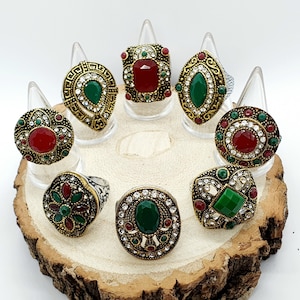 Turkish Brass Statement Rings inlaid with Rubies, Emeralds and Diamonds (faux)