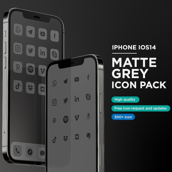 Matte Black auf Dunkelgrau iOS16 Icon Pack 200+, Matte Grey Icon, Social Media Phone IOS16. Gratis zusätzliches Icon auf Anfrage, Minimal Icon