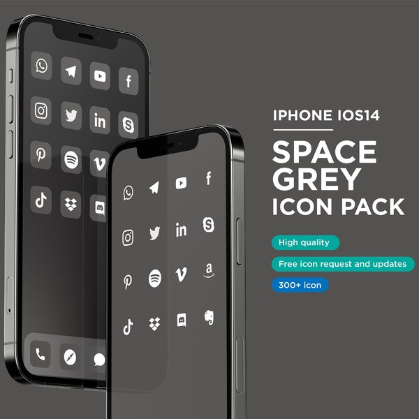 Iphone13  Grey iOS14 Icon Pack 200+, Space Grey, Dark Grey, Social Media Phone IOS15 , Free additional icon upon request , Minimal Icon pack
