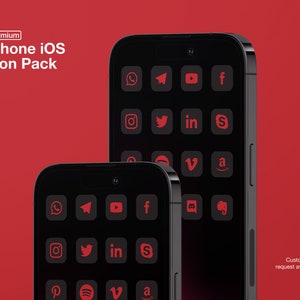 Dark Red Matte Schwarz iOS16 Icon Pack | Social Media Telefon IOS16 | Gratis zusätzliches Icon auf Anfrage | Minimal Icon Pack | Dark Mode Icon