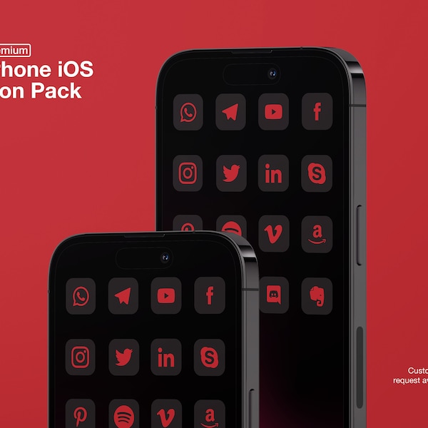 Dark Red Matte Black iOS16 Icon Pack  | Social Media Phone IOS16 | Free additional icon upon request | Minimal Icon pack | Dark Mode Icon