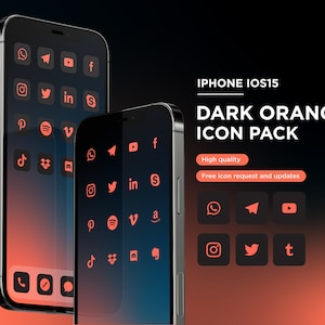 Dark Mode Matte Black iOS16 Icon Pack  | Dark orange iPhone IOS16 | Free additional icon upon request | Minimal Icon pack | Transparent icon