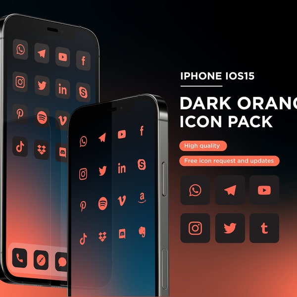 Dark Mode Matte Black iOS16 Icon Pack  | Dark orange iPhone IOS16 | Free additional icon upon request | Minimal Icon pack | Transparent icon