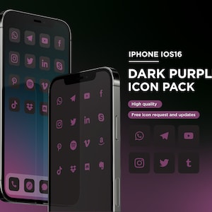 Dark Mode Matte Black Purple iOS16 Icon Pack  | Dark purple iPhone | Free additional icon upon request | Minimal Icon | Transparent icon