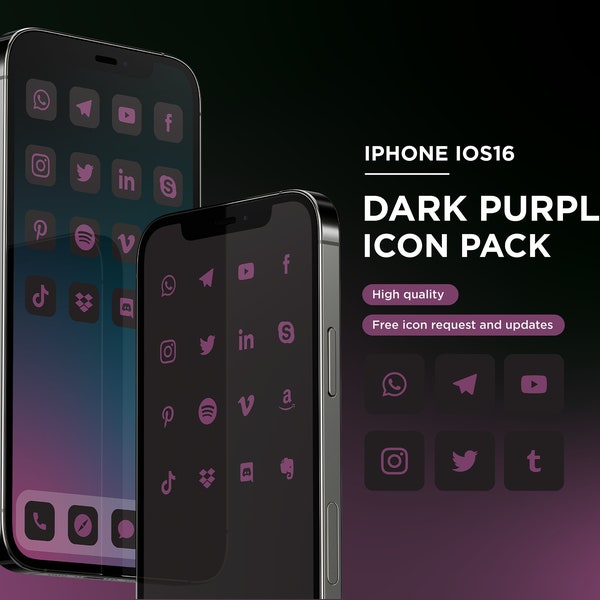 Dark Mode Matte Black Purple iOS16 Icon Pack  | Dark purple iPhone | Free additional icon upon request | Minimal Icon | Transparent icon