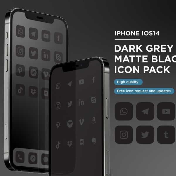 Donkergrijs Matzwart iOS16 Icon Pack 200+ | Sociale media Telefoon IOS16 | Gratis extra icoon op aanvraag | Minimaal pictogrampakket | Donker thema
