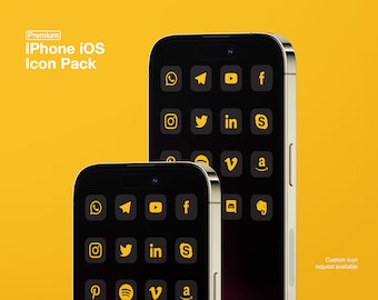 Dark Mode Matte Black iOS16 Icon Pack  | Yellow Social Media Phone IOS16 | Free additional icon upon request | Minimal yellow icon pack