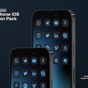 Dark Mode Matte Black iOS16 Icon Pack  | Social Media Phone IOS16 | Free additional icon upon request | Dark Blue minimal Icon pack