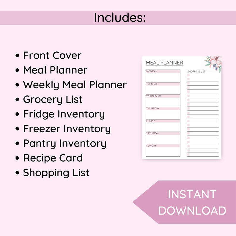 Printable Weekly Meal Planner Bundle With Grocery List, Pink Floral ...