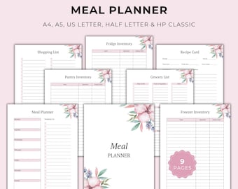 Può includere: Un set di pianificatori di pasti digitali composto da nove pagine con accenti floreali rosa e verdi. Le pagine includono una lista della spesa, inventari per frigorifero, dispensa e congelatore, una scheda ricetta e un pianificatore settimanale.