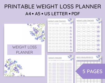 Printable Weight Loss Planner Bundle in Pounds & Kilograms lbs Kg, Body Measurement Tracker, Weight loss Journal, A4, A5 US Letter PDF