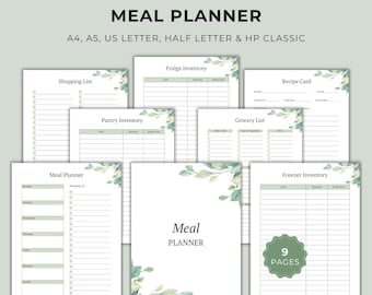 Può includere: Un set di pianificatori di pasti digitali di nove pagine con accenti di foglie botaniche. Le pagine includono intestazioni per Meal Planner, Shopping List, Fridge Inventory, Pantry Inventory, Grocery List, Recipe Card e Freezer Inventory nei formati A4, A5, US Letter, Half Letter e HP Classic.