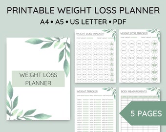 Printable Weight Loss Planner Bundle in Pounds & Kilograms lbs Kg, Body Measurement Tracker, Weight loss Journal, A4, A5 US Letter PDF