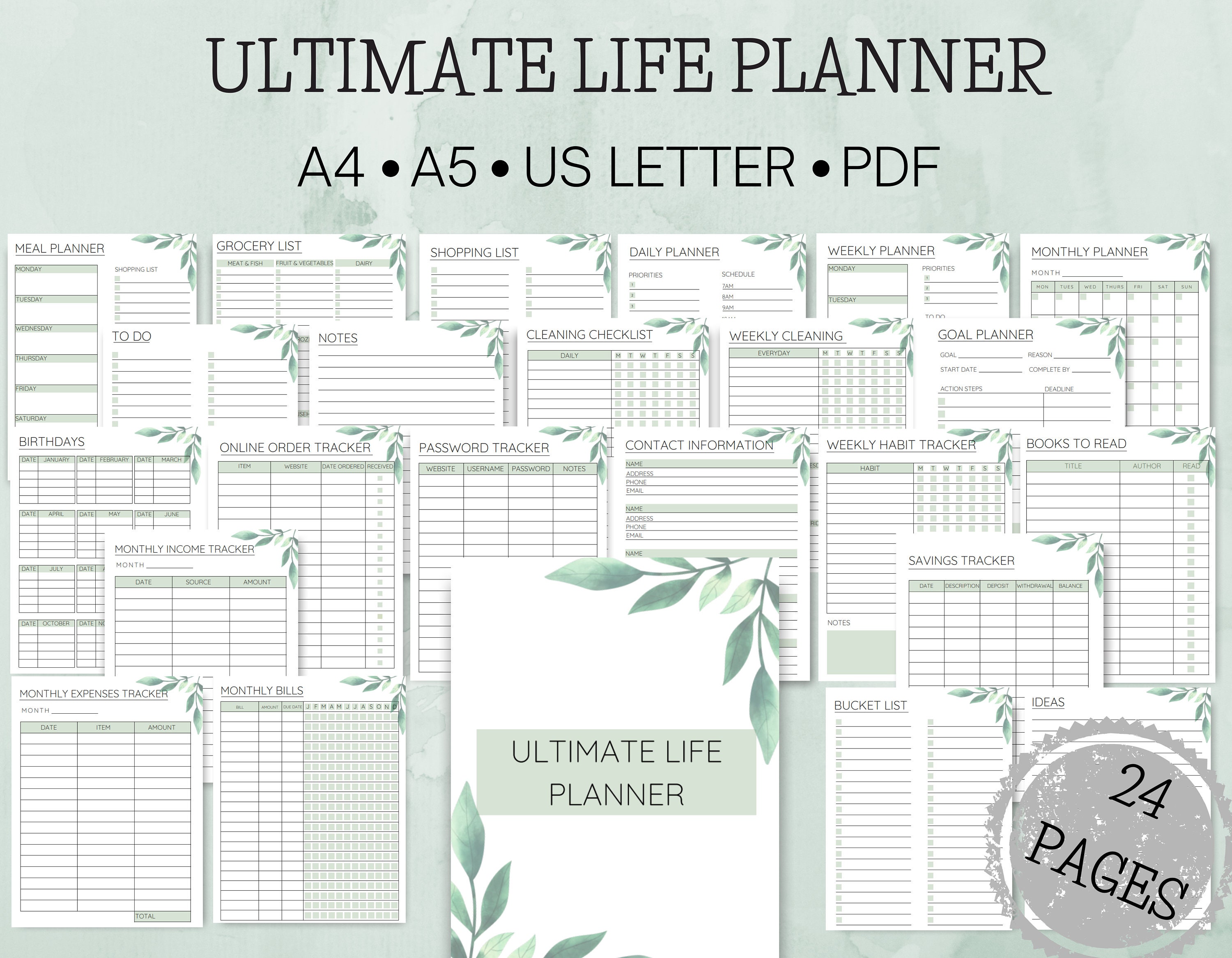 Ultimate Life Planner Kit, Printable Planning Bundle, Green Leaf Ulti…
