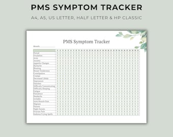 Könnte beinhalten: Ein weißes PMS-Symptom-Tracker-Blatt mit einem Raster für 31 Tage und einer Liste von Symptomen wie Akne, Angstzuständen und Müdigkeit. Der Text lautet PMS SYMPTOM TRACKER, A4, A5, US LETTER, HALF LETTER & HP CLASSIC mit grünen Blättern.