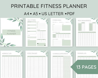 Printable Health & Fitness Planner Bundle, Exercise Planner, Workout Trackers, Fitness Journal, Health Goal Progress, A4, A5, US Letter, PDF