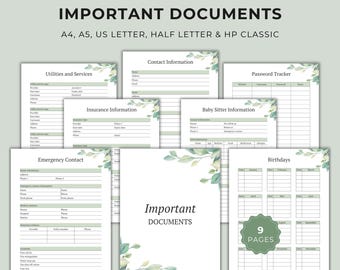 May include: A set of nine printable document templates for organizing personal information, featuring a green leaf border design. Includes forms for utilities, contacts, insurance, passwords, babysitter details, emergency contacts, and birthdays.