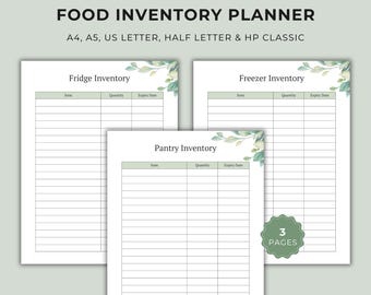 Paquete imprimible de planificador de inventario de alimentos para despensa, refrigerador y congelador, rastreador de caducidad de alimentos en formato PDF.