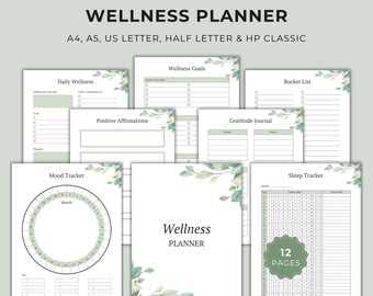 Selbstfürsorge- und Wellness-Planer-Set zum Ausdrucken, Dankbarkeits- und Achtsamkeitstagebuch, Mental-Health-Tracker