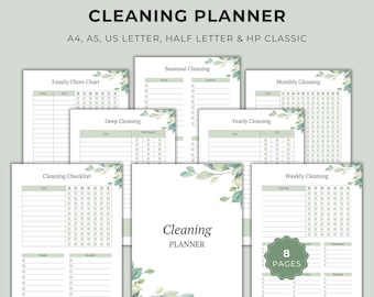 May include: A digital cleaning planner set featuring eight pages with a botanical leaf design. The pages include titles such as Cleaning Planner, Family Chore Chart, Seasonal Cleaning, Monthly Cleaning, Deep Cleaning, Yearly Cleaning, Cleaning Checklist, and Weekly Cleaning. The text specifies A4, A5, US Letter, Half Letter, and HP Classic sizes.