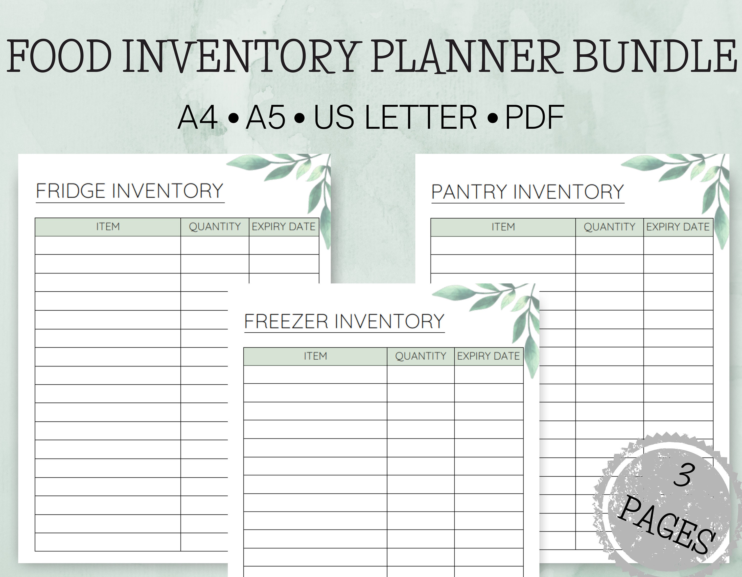 Printable Food Inventory Planner Bundle Green Leaf Pantry Etsy Australia