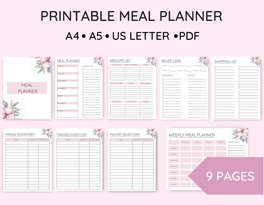Printable Weekly Meal Planner Bundle With Grocery List, Pink Floral ...