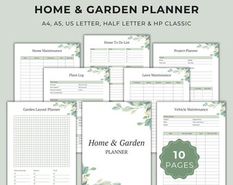 May include: A Home & Garden Planner set featuring 10 pages with botanical leaf accents. Includes templates for Home Maintenance, Home To Do List, Project Planner, Plant Log, Lawn Maintenance, Garden Layout Planner, and Vehicle Maintenance.