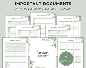 Printable Emergency Planner for Important Documents, Family Information, Contacts and Insurance