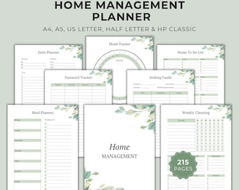 May include: A home management planner set featuring multiple printable pages including a daily planner, mood tracker, password tracker, sinking funds, meal planner, and weekly cleaning list, all decorated with green watercolor leaf accents.