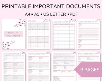 Classeur d'urgence imprimable, Ensemble de documents importants, Informations sur l'assurance, Utilitaires et services, Et si le classeur, PDF A4, A5, US Letter