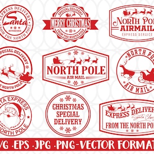 Può includere: Una collezione di grafiche vettoriali rosse a tema natalizio. I disegni includono Babbo Natale, renne e testo come "North Pole Airmail" e "Express Delivery". La parte inferiore dell'immagine mostra le opzioni di formato file: SVG, EPS, JPG e PNG.