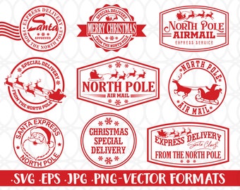 North Pole Svg Bundle, North Pole Mail Express Post Svg, Santa Claus Seal, Christmas, Stamps, Post, Deliver,  Mail, Express