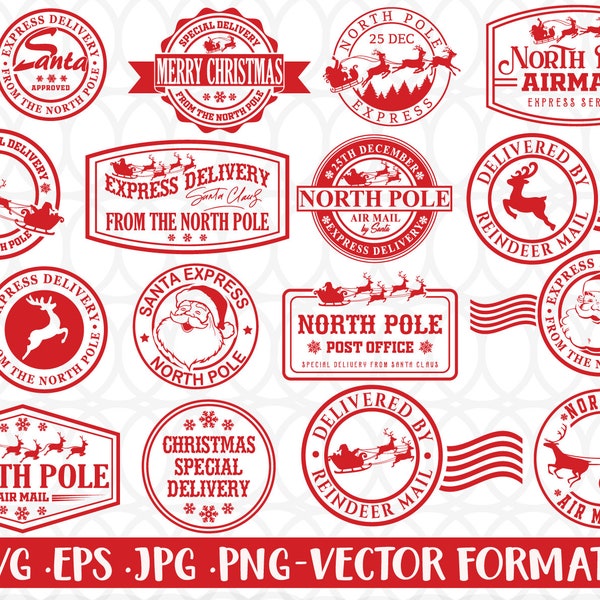 North Pole Svg Bundle, North Pole Mail Express Post Svg, Santa Claus Seal, Christmas, Stamps, Post, Deliver,  Mail, Express