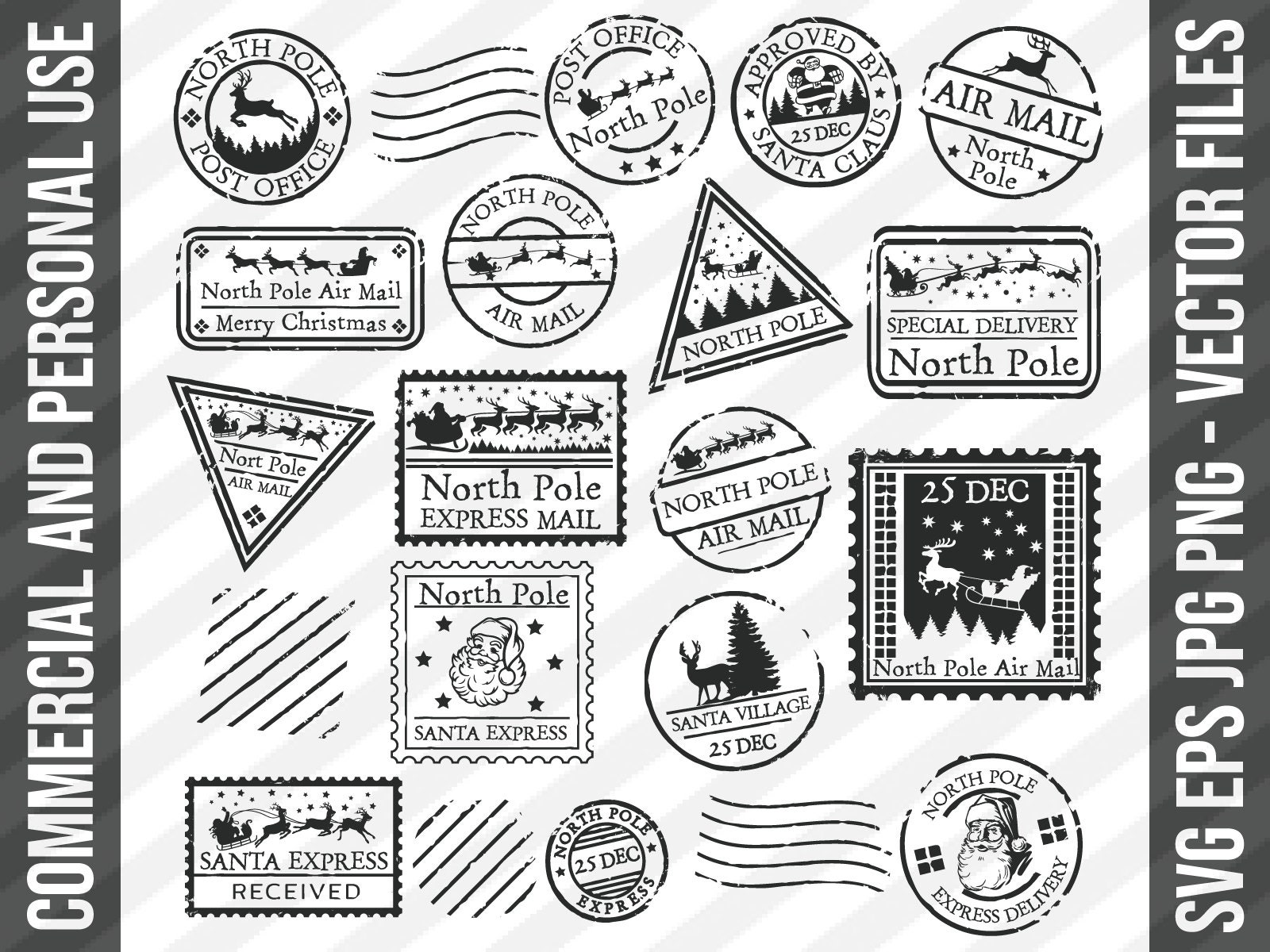 Santa mail stamps bundle SVG,santa sack north pole stamp svg