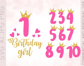 May include: Pink numbers 1-10, each topped with a gold crown, are displayed. The number 1 has a gold "Birthday girl" script below it, with pink hearts. The image is for commercial and personal use.