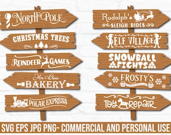 Op de afbeelding: Een houten wegwijzer met meerdere richtingborden. Borden wijzen naar de Noordpool, kerstbomen, rendierspellen, Mrs. Claus' bakkerij en Polar Express. Andere borden wijzen naar Rudolph's Sleigh Rides, Elf Village, Snowball Fights, Frosty's en Toy Repair.