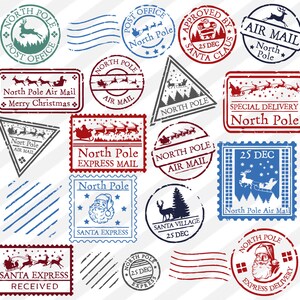 May include: A selection of Christmas-themed stamp designs, featuring Santa Claus, reindeer, and the words "North Pole" and "Air Mail." The stamps are in various shapes and colours, including red, blue, and green, with text such as "Santa Express" and "25 DEC."
