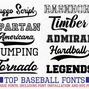 Peut inclure: Plusieurs polices de caractères sur le thème du baseball, dont "Sluggo Script", "Spartan" et "Americana", présentées dans différents styles. L'image comprend le texte "Top Baseball Fonts" et d'autres informations descriptives en bas.