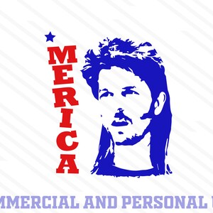 Peut inclure: Graphique bleu et rouge représentant un portrait stylisé avec une coupe mulet. Le mot "AMERICA" est empilé verticalement en lettres rouges, avec une étoile bleue au-dessus. Le texte en bas indique "COMMERCIAL AND PERSONAL USE".