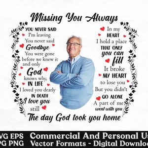 Pode incluir: Download digital com uma foto de um homem e o texto "Missing You Always". O texto inclui frases como "Goodbye", "God" e "In my heart". O design é emoldurado por elementos florais e pequenos corações vermelhos.