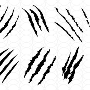 May include: Black claw marks in various sizes and angles are arranged on a white background. The image includes the text "SVG PDF AI PNG" in green on the right side, indicating file formats.