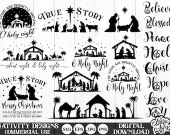 Crèche de Noël Silhouette Bundle svg, png, eps, crèche de Noël png, crèche svg, crèche vintage, Pâques 2024 svg, svg silencieux nuit