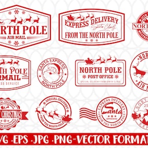May include: A selection of red Christmas-themed vector graphics featuring Santa Claus, reindeer, and sleighs. Text includes "North Pole," "Air Mail," "Express Delivery," and "Merry Christmas." Formats include SVG, EPS, JPG, and PNG.