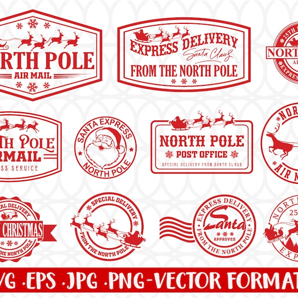 Christmas SVG Bundle, Santa Claus svg, Postage Seal SVG, Merry Christmas stamp, Christmas stamp SVG, Santa svg, North Pole Mail Express