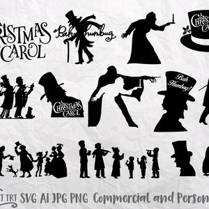 Puede incluir: Una colección de ilustraciones en silueta negra inspiradas en "Cuento de Navidad" de Charles Dickens. Las imágenes incluyen personajes, la frase "Bah Humbug" y el título de la historia. Adecuado para diversos proyectos creativos.
