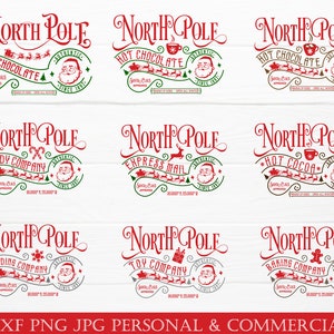 May include: A collection of nine Christmas-themed designs featuring the words "North Pole" in a decorative script. Each design includes festive elements like Santa Claus, reindeer, and text such as "Hot Chocolate" and "Candy Company."