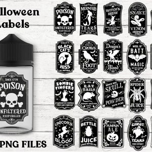 May include: A collection of Halloween-themed labels in black and white, featuring spooky illustrations and text. Designs include poison, mermaid tears, witch's brew, snake venom, spider hair, and more. The words "Halloween Labels" and "SVG-PNG FILES" are also visible.