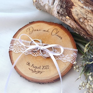 Ring disc / ring pillow made of wood / ring bearer tree disc for wedding rings / birch disc / personalized / lace jute - rustic wedding