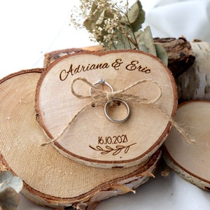 Ring disc / ring pillow made of wood / ring bearer tree disc for wedding rings / rustic wedding / wooden magnet / birch disc / personalised image 1