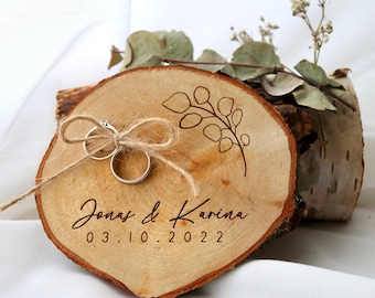 Ring disc / ring pillow made of wood / ring bearer tree disc for wedding rings / birch disc / personalized / eucalyptus / jute / satin ribbon - rustic